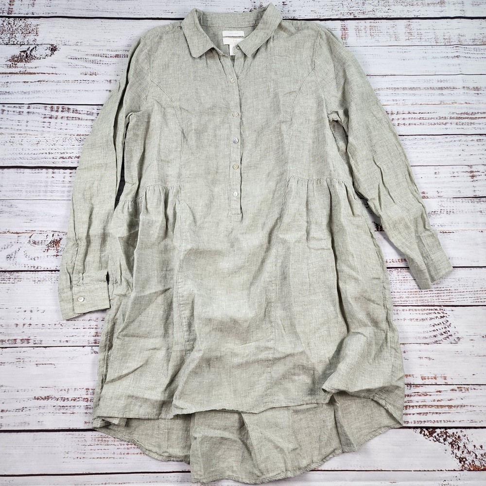Halston Womens Large 100% Linen Shirt Dress Sage Green Long Sleeve High Low
